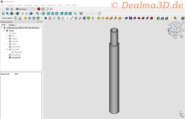 FreeCAD Modell von der 250mm langen Verlängerung der GPS Antenne für den Segway Navimow Rasen-Mähroboter I105E