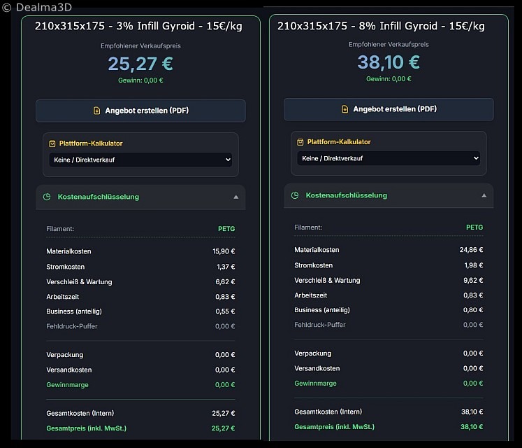 3D-Druck Materialkostenkalkulation Vergleich eines 2x3 XXL-Klemmbaustein, Grundmaß 210x315mm, Höhe 175mm ohne Noppen, auf Basis Filamentpreis PETG 15€/kg - 3% oder 8% Infill Gyroid - Unterstützung durch den Online Kalkulator "Druckertyp-o-Mat"