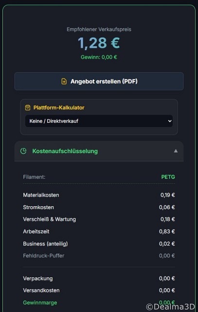 3D-Druck Materialkostenkalkulation eines 2x3 Klemmbaustein, ca. 47,8x31,75x19,25mm, auf Basis Filamentpreis PETG 15€/kg - Unterstützung durch den Online Kalkulator "Druckertyp-o-Mat"