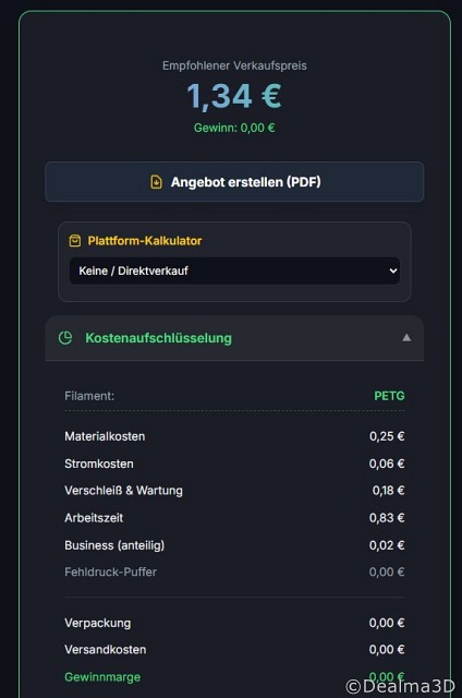 3D-Druck Materialkostenkalkulation eines 2x3 Klemmbaustein, ca. 47,8x31,75x19,25mm, auf Basis Filamentpreis PETG 20€/kg - Unterstützung durch den Online Kalkulator "Druckertyp-o-Mat"