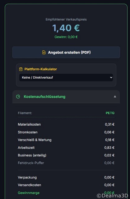 3D-Druck Materialkostenkalkulation eines 2x3 Klemmbaustein, ca. 47,8x31,75x19,25mm, auf Basis Filamentpreis PETG 25€/kg - Unterstützung durch den Online Kalkulator "Druckertyp-o-Mat"